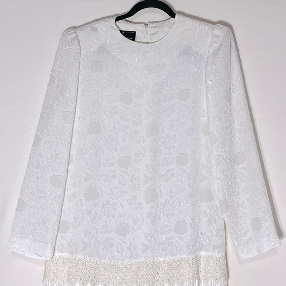 Vintage White Long Sleeve Pleated Midi Shift Bride Mother Of The Bride Dress M - Picture 16 of 16